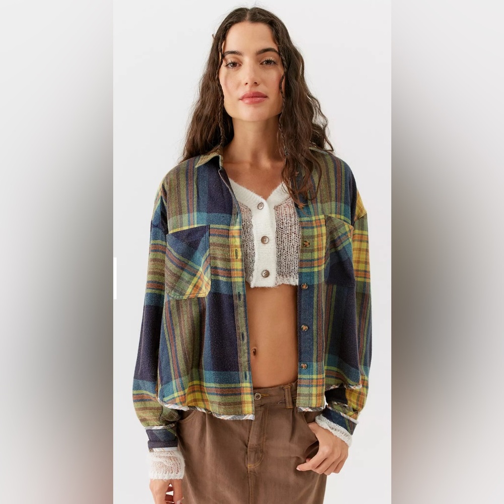 BDG Plaid‎ Flannel Button Up Shirt Oversized Blue Yellow Green Women's M
